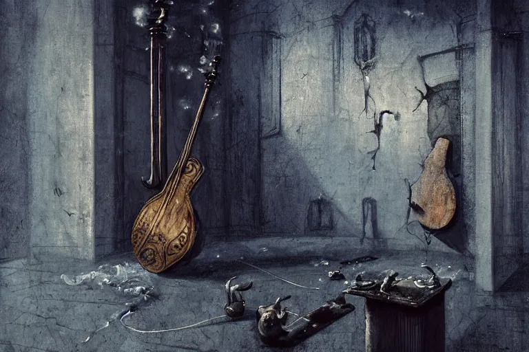 Image similar to still life painting, musical instument alone - a lute with smoke wisping up from its smoldering string, cursed baroque with ebony inlay, designed by brian froud and hr giger leans against the wall alone, abandoned. an empty brutalist chamber, lonely, somberlate afternoon lighting cinematic fantasy painting by jessica rossier