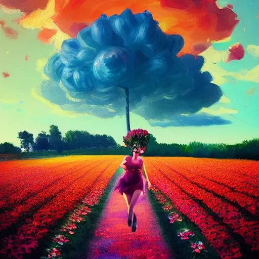 Image similar to giant rose flower head, full body girl running through a flower field, surreal photography, sunrise, dramatic light, impressionist painting, colorful clouds, digital painting, artstation, simon stalenhag