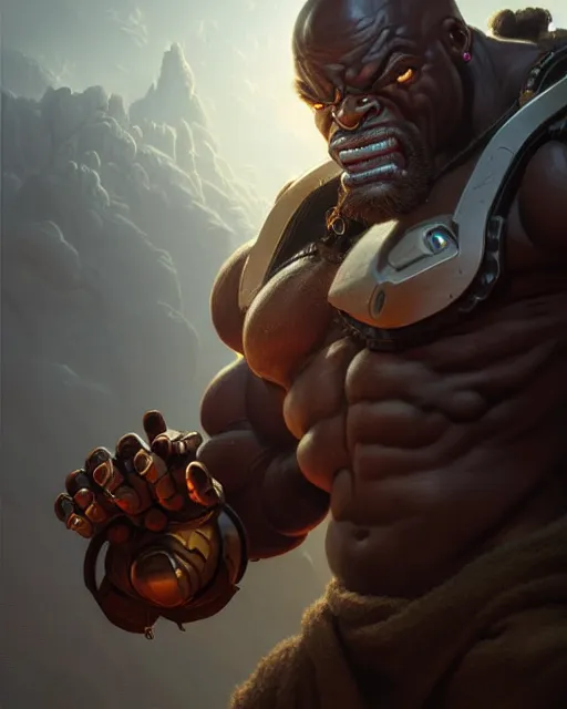 Image similar to doomfist from overwatch, character portrait, concept art, intricate details, highly detailed by greg rutkowski, michael whelan and gustave dore