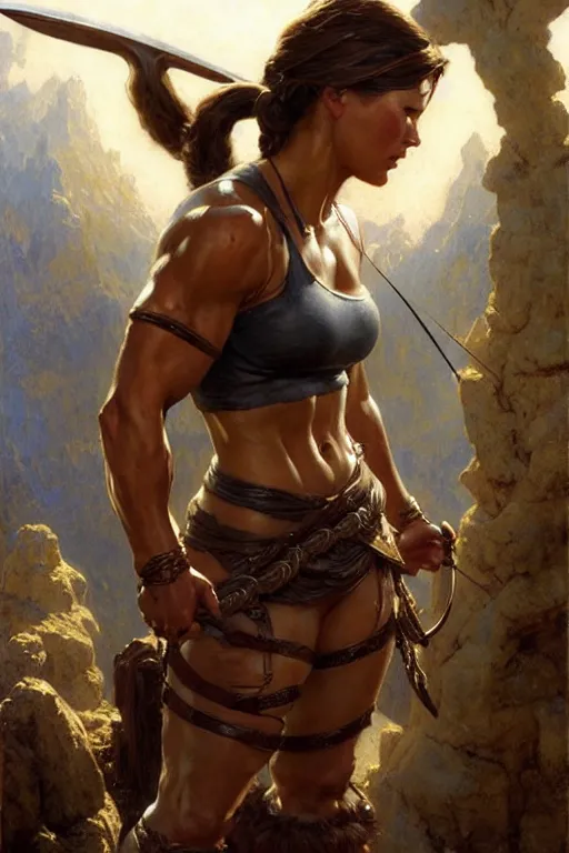 Image similar to muscular sweat lara croft wearing viking armor, highly detailed painting by gaston bussiere, craig mullins, j. c. leyendecker 8 k