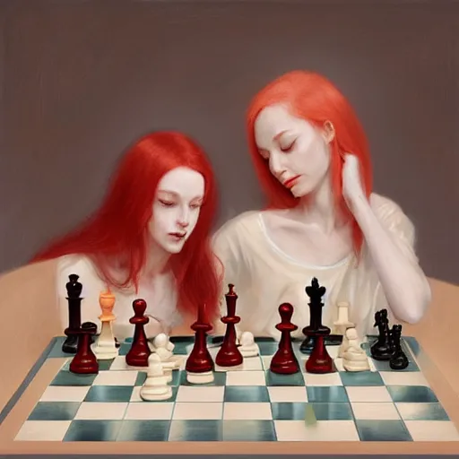 Prompt: Identical pale red haired Twin Women start playing chess against each other by Ruan Jia and Mandy Jurgens and Artgerm and william-adolphe bouguerea, highly detailed, trending on artstation, award winning,