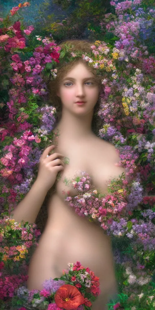 Prompt: high definition, digital, hyperreal, 2 k, tilt - shift, aphrodite, goddess of love, surrounded by flowers, in the style of a painting