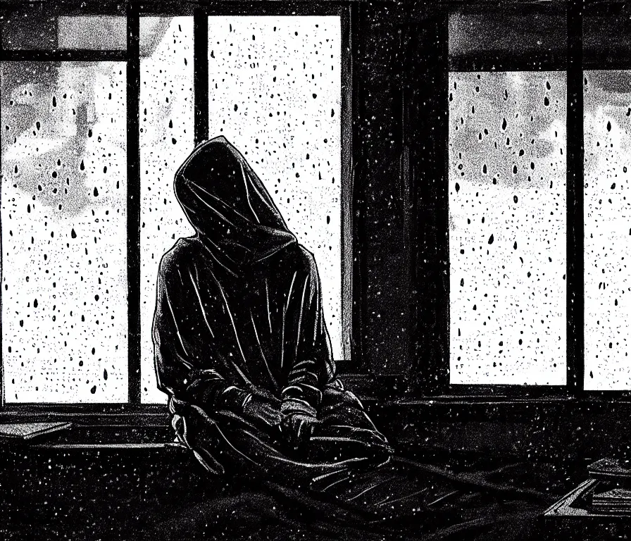 Image similar to sadie sink in hoodie sits on windowsill, knees tucked in | rain falls at night : storyboard, scifi cyberpunk. by gabriel hardman, chris bonura, joe alves. cinematic atmosphere, detailed and intricate, perfect anatomy