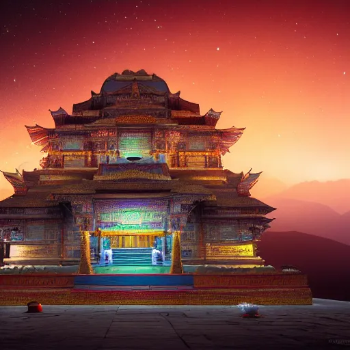 Prompt: a temple in himalayas, night scene, cosmic background, octane render, cinematic, photographic, realistic, highly detailed