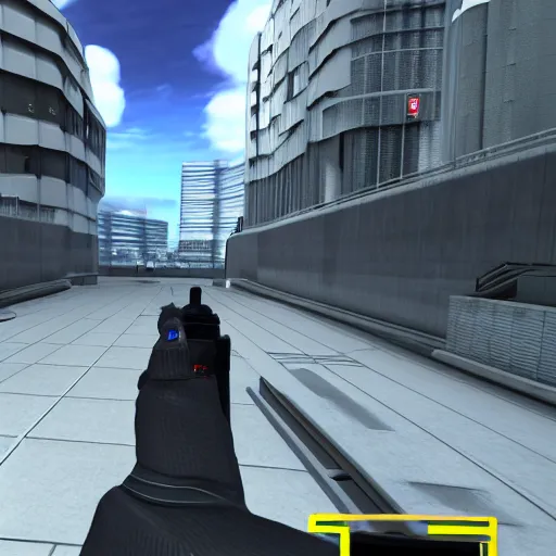 Prompt: mirror's edge in russia, in game screenshot with hands and hud