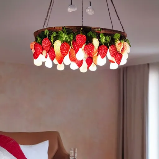 Image similar to realistic photo of a chandelier with strawberry lights hanging from ceiling in home, evening lighting