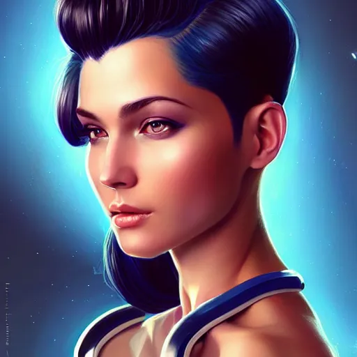 Image similar to a portrait of a very beautiful woman in a spacesuit, Alexandria\'s genesis, shoulder-length blue undercut hair, bored, illustration, soft lighting, soft details, painting oil on canvas by mark arian by artgerm, trending on artstation, 4k, 8k, HD