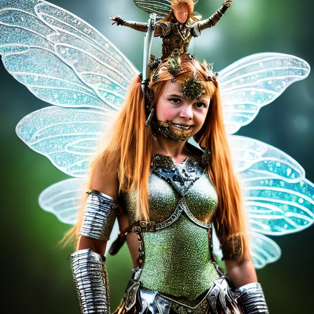 Image similar to full length photo of a fairy warrior wearing sparkly armour, highly detailed, 4 k, hdr, smooth, sharp focus, high resolution, award - winning photo