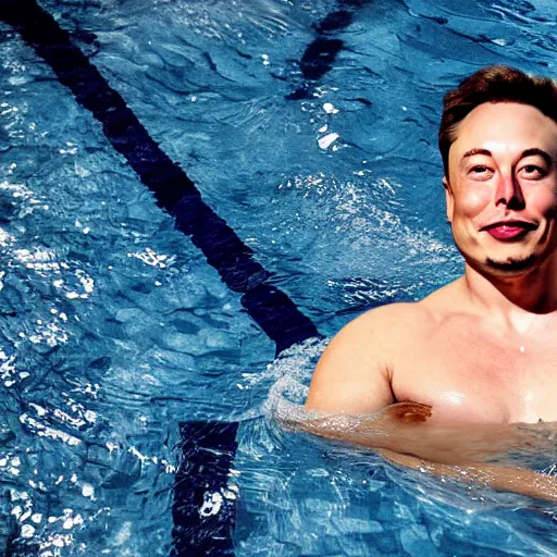 Prompt: Photography of elon musk swimming in a pool surrounded by dollar bills