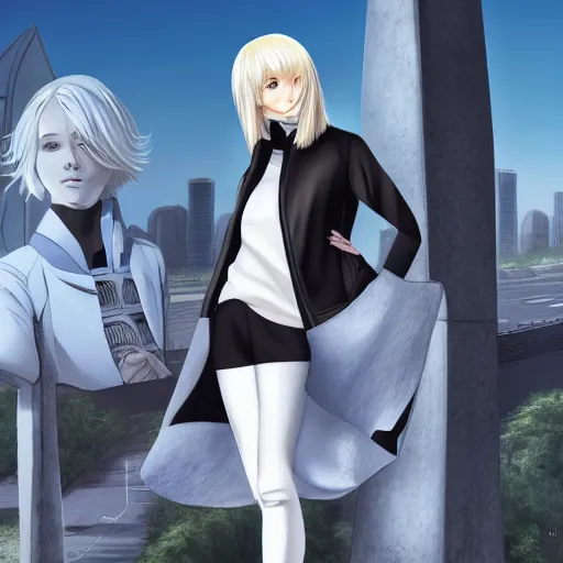 Image similar to platinum - blonde - haired long bob cut blue - eyed princess wearing white leggings and black jacket, standing next to communist monument, communist city, dictatorship of the proletariat, anime, hd anime wallpaper, hyperrealistic lighting, volumetric lighting, drawn by artgerm