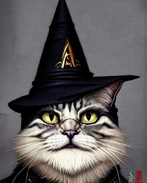Prompt: A wizard cat, wizard hat, bearded, cat shaped staff, highly detailed, sharp focus, art by Artgerm and Greg Rutkowski and WLOP
