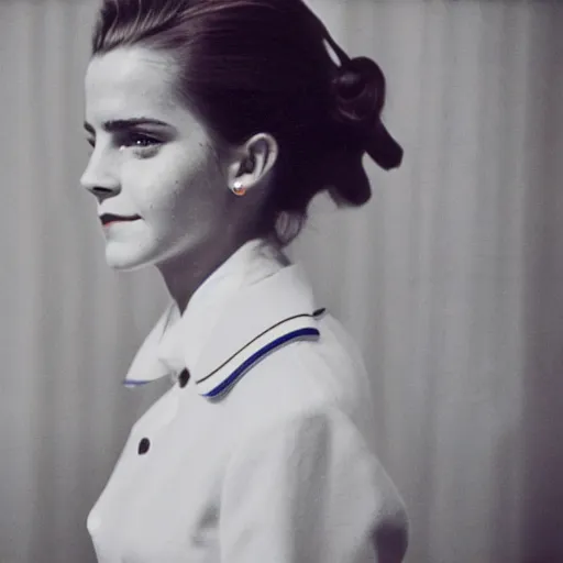 Image similar to emma watson, flight attendant 1 9 6 0 s, award winning, kodak ektachrome expired blue tint,