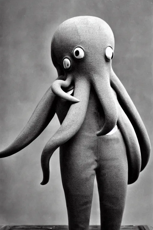 Image similar to anthropomorphic octopus wearing a suit, vintage photograph, sepia