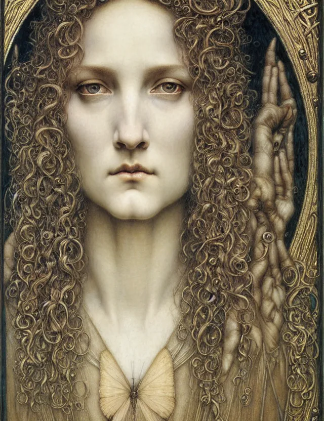 Image similar to detailed realistic beautiful young medieval queen face portrait by jean delville, gustave dore and marco mazzoni, art nouveau, symbolist, visionary, gothic, pre - raphaelite. horizontal symmetry