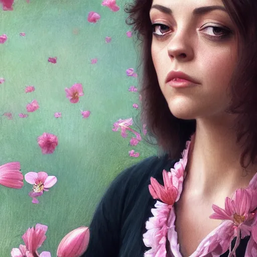 Image similar to pink petals with a ahape of a wonderful aubrey plaza and christina ricci and mila kunis and olivia newton john, intricate, elegant, highly detailed, wonderful eyes, sweet, digital painting, artstation, concept art, smooth, sharp focus, illustration, art by artgerm and greg rutkowski and alphonse mucha and william - adolphe bouguereau