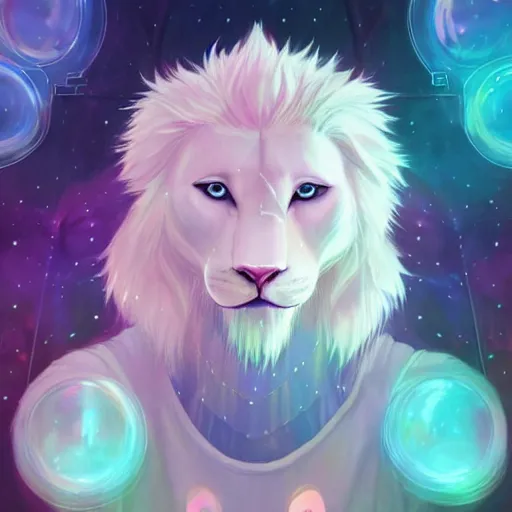 Image similar to aesthetic portrait commission of a albino male furry anthro lion wearing a cute holographic iridescent long sleeved silky reflective shirt outfit with bubble patterns and shapes, winter Atmosphere. Character design by charlie bowater, ross tran, artgerm, and makoto shinkai, detailed, inked, western comic book art, 2021 award winning painting