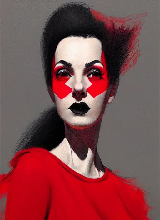 Image similar to portrait of a woman with a crooked nose and a confident expression, 1 9 6 0 s, red clothes, goth, punk, brightly coloured hair, funk, intricate, elegant, highly detailed, digital painting, artstation, concept art, smooth, sharp focus, illustration, art by wlop, mars ravelo and greg rutkowski