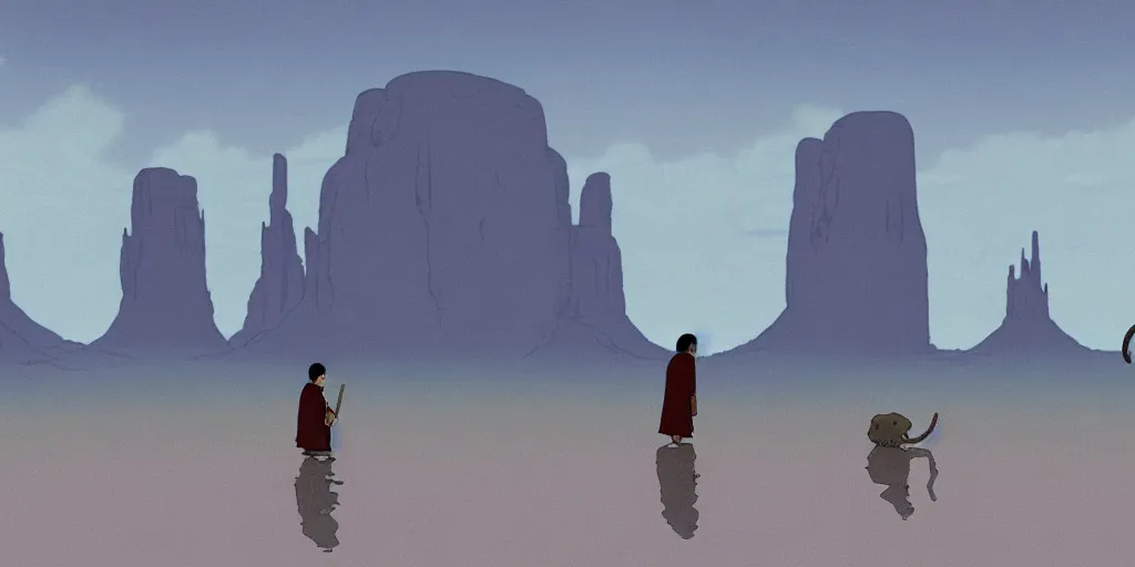 Prompt: a realistic cell - shaded studio ghibli concept art from paprika ( 2 0 0 6 ) of a monk meditating and a small mammoth from close encounters of the third kind ( 1 9 7 7 ) in a flooded monument valley stonehenge. very dull colors, wide shot, hd, 4 k, hq