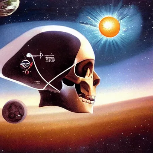 Image similar to An astronaut alone on a giant skull with the cosmos in the background by Jim Burns