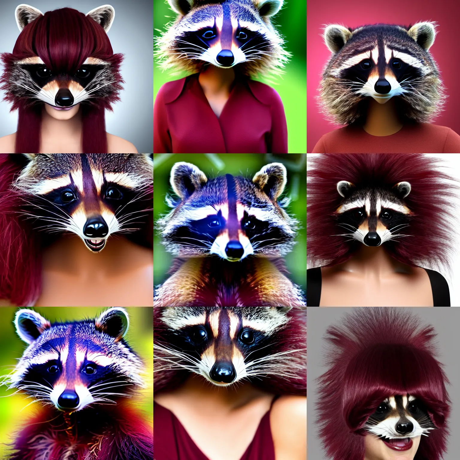 Prompt: raccoon wearing maroon wig, photo, detailed, 4 k