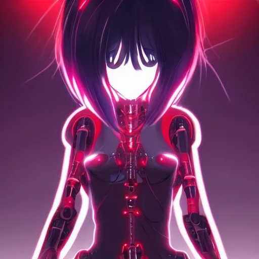 Image similar to digital anime, cyborg - girl standing in the middle of the street bending and refracting light around her, black red long hair!, biomechanical details, neon background lighting, reflections, wlop, ilya kuvshinov, artgerm