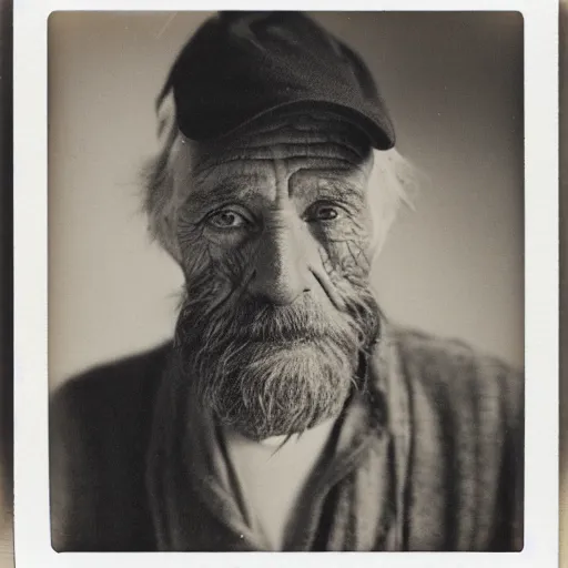Image similar to polaroid photo of an older man, about 7 0 years old, with wrinkles on his face, looking towards infinity with a sad look, a two - day beard and a woolen cap while his lips are chapped by the sun, as well as his dark complexion