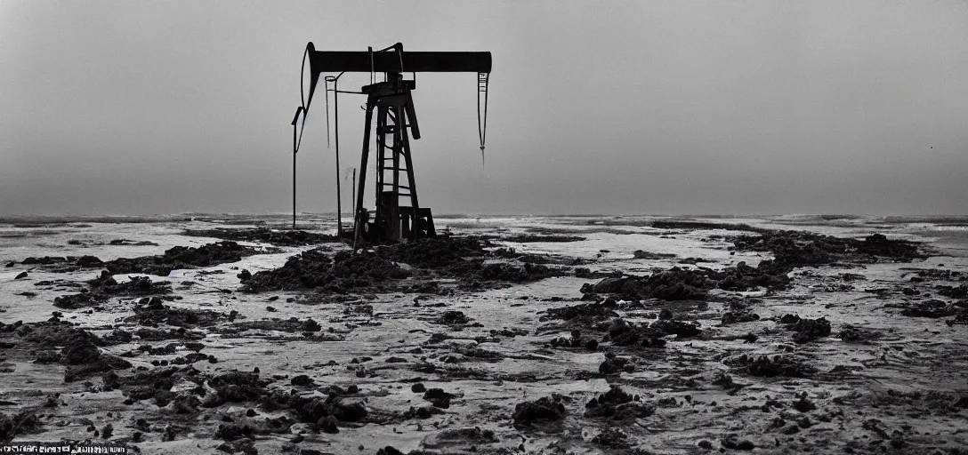 Prompt: apocaliptic Portrait of a offshore oil dripping in the city of Mar del Plata , by stephen Shore and Arthur Adams , epic composition, 80mm, 8k