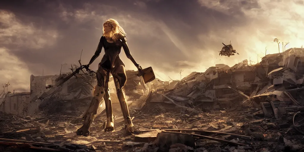 Image similar to a beautiful blond woman riding a giant robot ant in a destroyed city, 8 k, moody lighting, shallow depth of field,