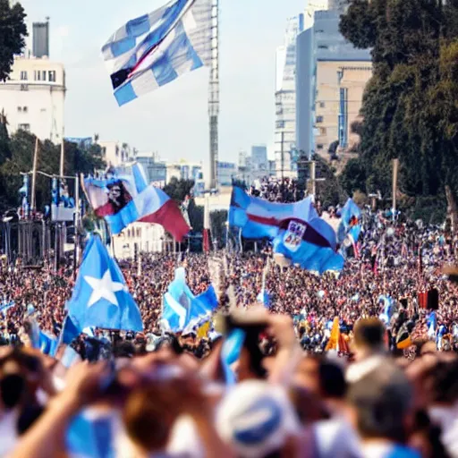 Image similar to Lady Gaga as president, Argentina presidential rally, Argentine flags behind, bokeh, giving a speech, detailed face, Argentina