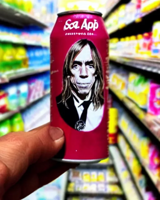 Image similar to a hand holding a soda can with iggy pop's face on the label, inside a supermarket