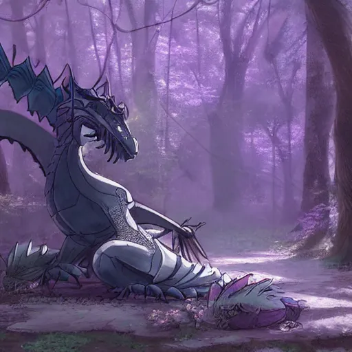 Image similar to concept art painting of an anthropomorphic purple gray anime dragon, in the deep forest, realistic, detailed, cel shaded, in the style of makoto shinkai and greg rutkowski and james gurney