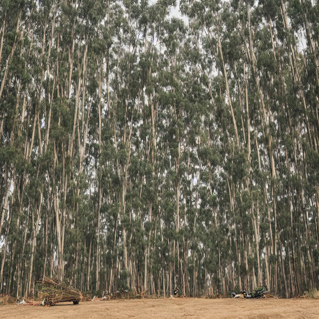 Image similar to long exposure photograph of moving eucalyptus trees in a strong wind, back light, sony ar 7 ii, photographed by julie blackmon