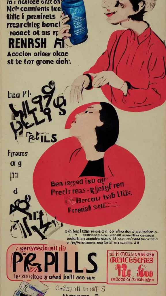 Prompt: Advertisement from 2078 for pills that make you French, graphic