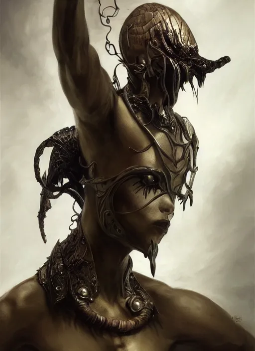 Image similar to full portrait of dancerwarden, black metal shiny skin. intricate, elegant, highly detailed, centered, digital painting, artstation, concept art, smooth, sharp focus, illustration, artgerm, tomasz alen kopera, peter mohrbacher, donato giancola, joseph christian leyendecker, wlop, frank frazetta