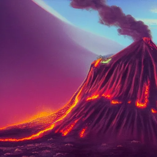 Prompt: a volcano in eruption with ancient ruins,retrowave art,trending on art station