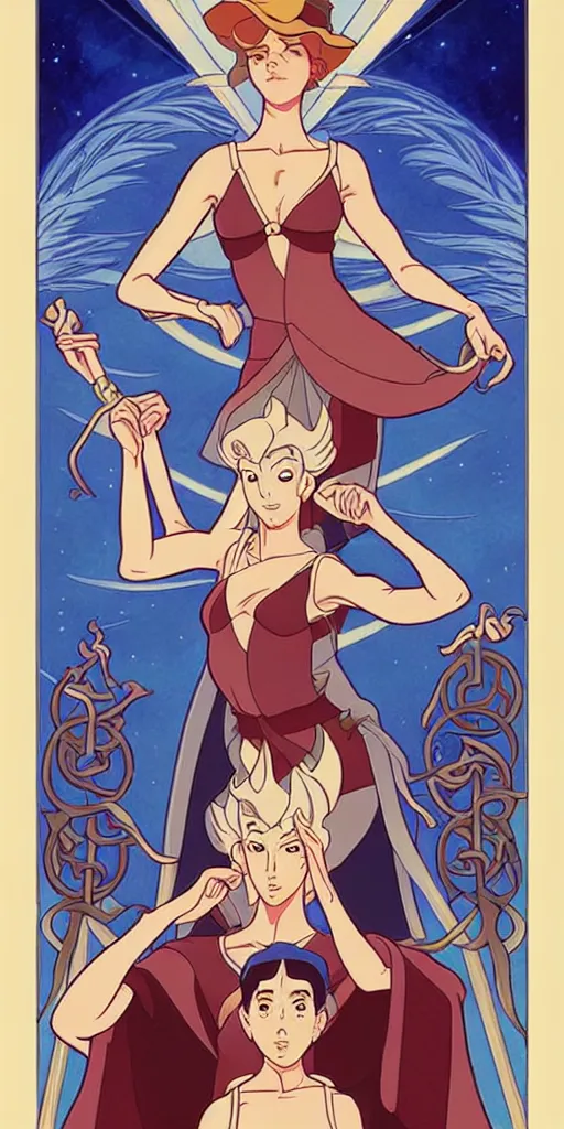 Prompt: the temperance tarot card with an art deco boarder, high quality, digital painting, by don bluth and ross tran and studio ghibli artgerm