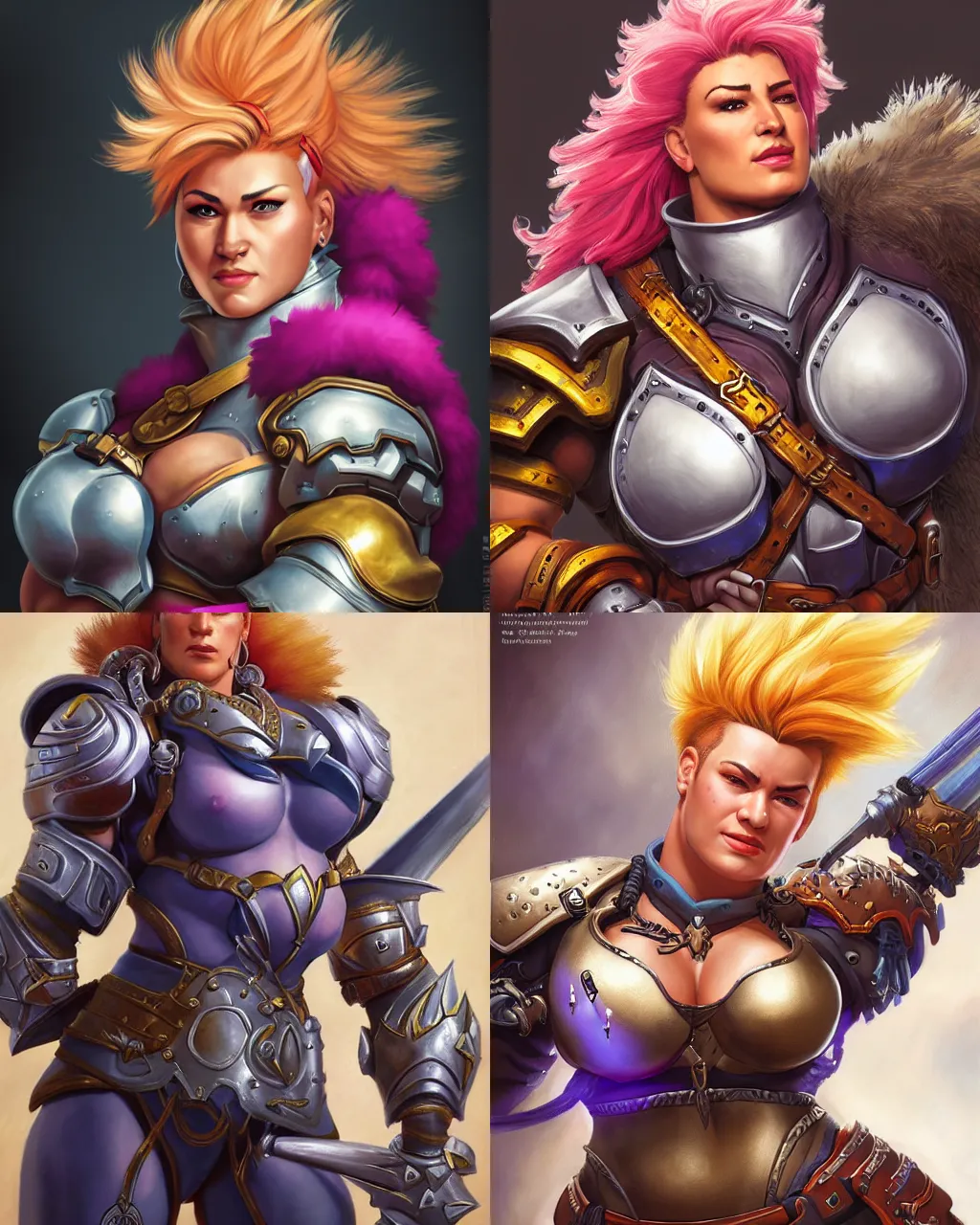 Prompt: detailed portrait of zarya from overwatch as a powerful fantasy warrior wearing iron breastplate, hyper detailed, realistic, soft lighting, by jeff easley, boris vallejo, smooth hair, detailed textures, dungeons and dragons