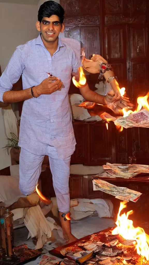 Image similar to rishi sunak burning money in his lavish house