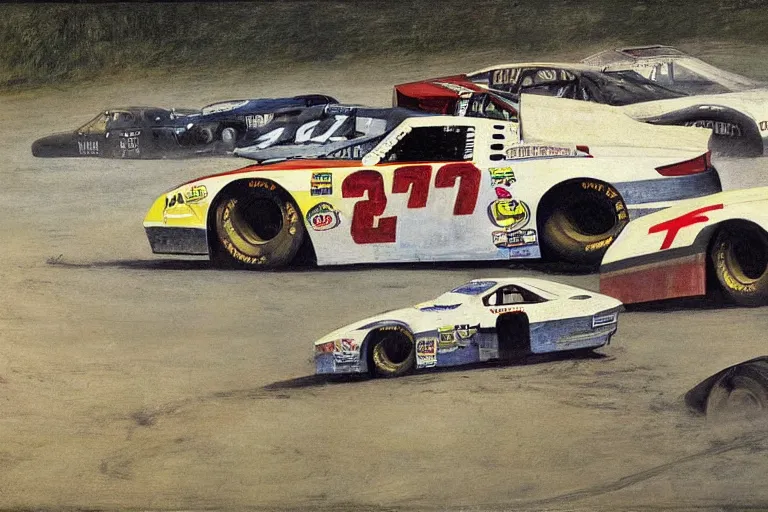 Image similar to nascar race, painting by andrew wyeth, very detailed, high quality,