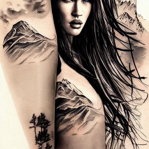 Prompt: tattoo design sketch with double exposure effect of megan fox face and beautiful mountain scenery, in the style of matteo pasqualin, amazing detail