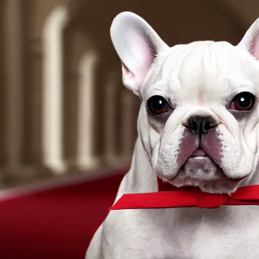 Image similar to A white french bulldog as the president of the united states, running for reelection for the year 2024, 8k hdr movie still, dynamic lighting, detailed