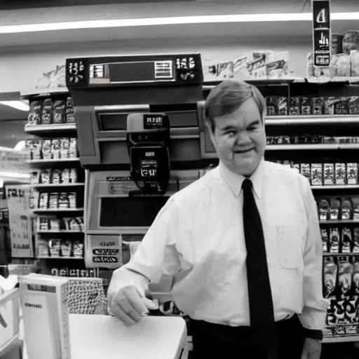 Prompt: Former House Speaker Newt Gingrich minding the till at a 7/11. CineStill