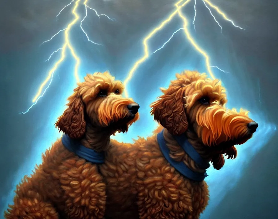 Prompt: an epic painting of a brown goldendoodle as zeus, shooting lightning bolts from his paws, by alex grey and greg rutkowski, intricate details, artstation, cinematic, hd, beautiful