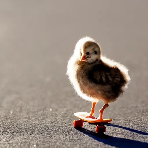 Prompt: portrait of a chick ridding a tiny skateboard