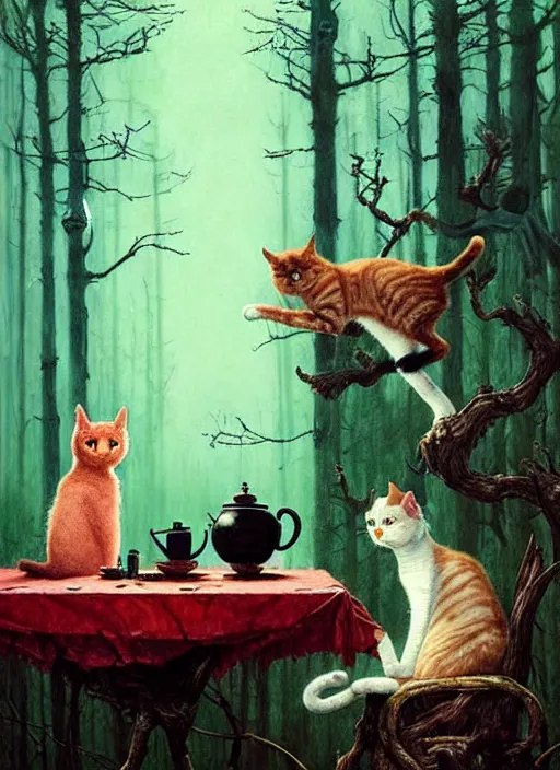 Image similar to cat having tea with a witch in the woods gorgeous lighting, lush forest foliage blue sky a hyper realistic painting by chiara bautista and beksinski and norman rockwell and greg rutkowski weta studio, and lucasfilm