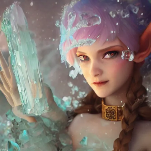 Image similar to a fantasy elf woman trapped and frozen trying to get out of a block of clear ice, with frozen flowers around her, treding artstation, greg rutkowski, cinema 4 d, cinematographic, greg rutkowski