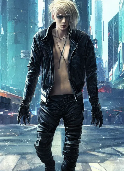 Prompt: cyberpunk beautiful blonde teenage boy assassin walking on water, wearing leather jacket, beautiful, detailed portrait, cell shaded, 4 k, concept art, by wlop, ilya kuvshinov, artgerm, krenz cushart, greg rutkowski, pixiv. cinematic dramatic atmosphere, sharp focus, volumetric lighting, cinematic lighting, studio quality