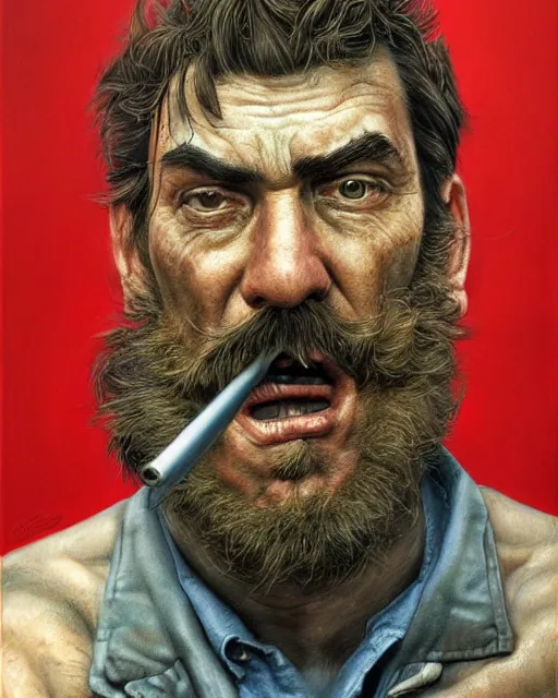 Image similar to portrait of real life super mario, gritty, dark, beautiful, very detailed, hyperrealistic, medium shot, very detailed painting by Glenn Fabry, by Joao Ruas