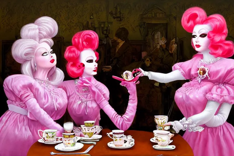 Prompt: Angelyne fights a clone of herself in the tea room, painted by mark ryden