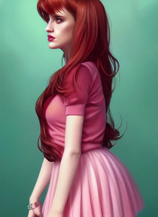 Image similar to full body portrait of teenage cheryl blossom, bangs, green eyes, sultry expression, red hair, sultry smirk, bangs and wavy hair, pink skirt, bangs, intricate, elegant, glowing lights, highly detailed, digital painting, artstation, concept art, smooth, sharp focus, illustration, art by wlop, mars ravelo and greg rutkowski